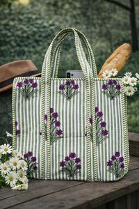 Sac fourre-tout élégant pour femme, grand format, imprimé floral bleu, matelassé, fermeture ouverte, en coton indien, lavable, pour le shopping quotidien et les voyages - Product Image 2