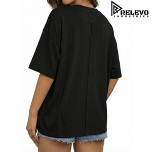 Camiseta de Mujer de Alta Calidad, Cuello Redondo, Manga Corta, Negra, Talla Grande, Informal, Tejido Jersey, Color Sólido, Algodón Tejido - Product Image 3