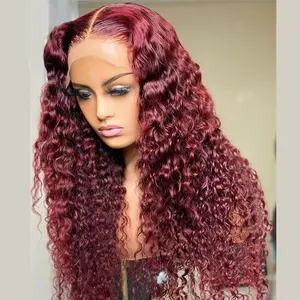 Perruque frontale 100% cheveux humains brésiliens 99j, vendeurs de perruque frisée ondulée rouge bordeaux, perruque de cheveux pour femme avec closure en gros