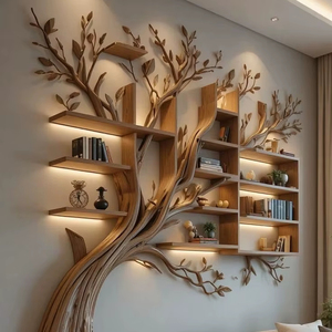 Modern Wall Mounted <b>Tree</b> Shaped Wood Bookshelf Luxury <b>LED</b> Backlit Decorative Living Room Display - Product Image 1