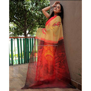 Ropa de fiesta amarilla y roja Saree de impresión digital de lino - Product Image 1