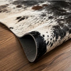 Tapis moderne en cuir de vachette, motif animalier noir et blanc naturel, forme originale, pour salon, avec envers en caoutchouc, poils plats - Product Image 4