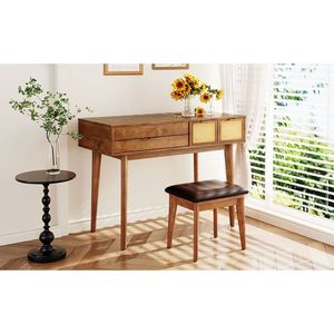 Juego de tocador clásico de madera de 43.3 pulgadas con espejo abatible y taburete, mesa de tocador con tres cajones y amplio espacio de almacenamiento - Product Image 4