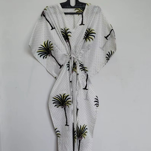 Robe kaftan indienne en coton faite à la main, légère, pour la plage, imprimé palmiers - Product Image 1