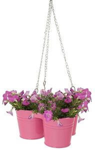 Ensemble de 3 jardinières suspendues en métal rose avec fleurs violettes pour le jardinage - Product Image 1