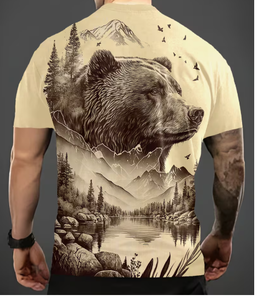 เสื้อยืดคอกลมแขนสั้นพิมพ์ลายหมีภูเขาสำหรับผู้ชาย ทรงปกติ ผ้าถักโพลีเอสเตอร์ระบายอากาศได้ดี ดีไซน์ลายพิมพ์ - Product Image 2