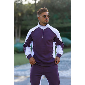 Ensemble de survêtement léger pour homme en coton 100% violet et blanc, sweat-shirt à demi-zip et pantalon décontracté à manches longues avec cordon de serrage - Product Image 5