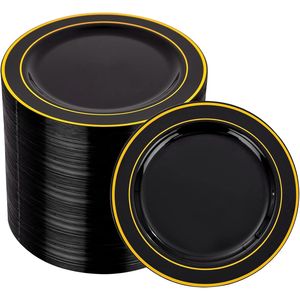 Assiettes jetables rigides noires et dorées de qualité supérieure, 6,25 pouces - Assiettes en plastique PP pour desserts, salades, apéritifs, petits gâteaux, pour événements - Product Image 1