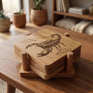 Juego de Posavasos Cuadrados de Madera con Diseño de Elefante, Hechos a Mano, Antideslizantes, Acabado Natural, 10 cm de Diámetro, Modelo C de Uttar Pradesh - Product Image 1