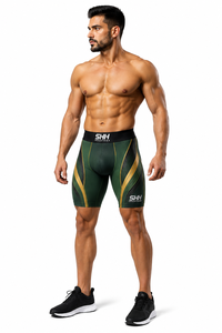Custom Men Compression Shorts Green Gold Quick Dry Stretch Gym Fitness Running Training Sports Base Layer Tights OEM Private - Product Image 4