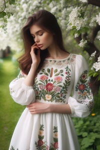 Hand-Embroidered White Cotton Boho Maxi <b>Dress</b> Vibrant Floral <b>Pattern</b> Elegant Keyhole Neckline0 Artisanal Puff Sleeve Long <b>Dress</b> - Product Image 2