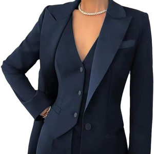 Traje Azul Marino para Mujer, Cuello de Solapa, Largo Completo, Ropa Formal con Decoración de Botones, Antiarrugas, Corte Regular, Estilo Otoñal - Product Image 1