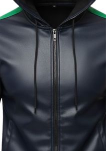 Men's Hooded PU Leather Tracksuit Set Dark Blue Green Color Block Slim Fit Sporty Style - Product Image 3