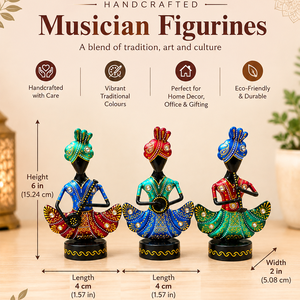 Juego de 3 Figuras Metálicas de Músicos Rajastaníes, Arte Folclórico Indio Pintado a Mano, para Decoración del Hogar, Hotel u Oficina - Product Image 2