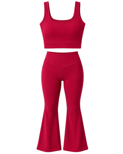 <b>Red</b> 2 Piece Yoga Set <b>Crop</b> <b>Top</b> High Waist Flared Calf-Length Pants Seamless Solid Color Sportswear 2026 New Design - Product Image 1