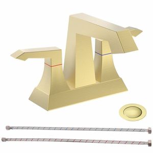 Modern Style 2 Handle Heavy Duty Bathroom Faucet <b>Deck</b> Mounted <b>Brushed</b> Gold 4001 NA Lavatory Supply Drain Kits - Product Image 1