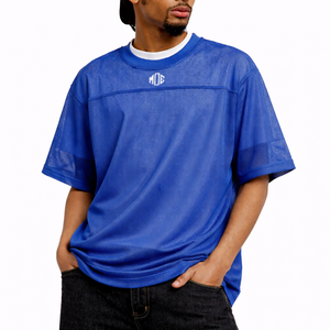 เสื้อฟุตบอลอเมริกันตาข่ายสีน้ำเงินขนาดใหญ่พิเศษ ขายส่ง เสื้อผ้ากีฬาแบบระบายอากาศ สตรีทแวร์ รับผลิตตามสั่ง แบรนด์ส่วนตัว OEM รับคำสั่งซื้อจำนวนมาก - Product Image 3