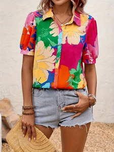 Blusa Casual de Verano 2026 para Mujer, con Estampado Floral Tropical, Manga Abullonada y Botones, Venta al Por Mayor - Product Image 3