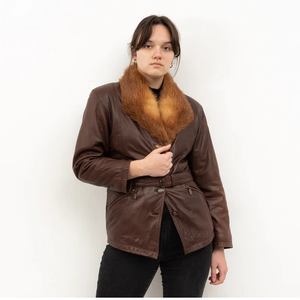 Veste bomber en cuir véritable pour femme avec col en fourrure de renard, ceinture, manteau d'hiver - Product Image 1
