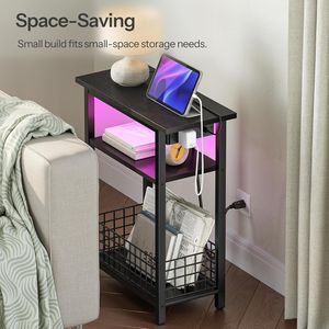 Narrow <b>Side</b> Table with LED Charging Station and Storage Small End Table with USB Port Skinny Nightstand Slim Beds - Product Image 5