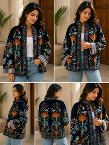 Velvet Sujani Art Embroidered Floral Pattern Open Front <b>Reversible</b> Thick Boho Chic Winter <b>Jacket</b> with Zipper Closure Woven - Product Image 3