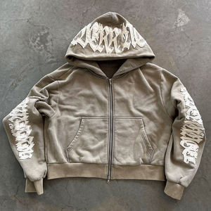 Ensemble sweat à capuche zippé et pantalon de survêtement évasé brodé sur mesure, en mélange de coton léger, couleur unie, style streetwear décontracté, avec logo pour homme - Product Image 3
