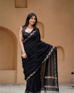 Sari Tradicional KV de Lino Negro Estampado con Diseño Reversible Antiarrugas de Secado Rápido para Fiestas de Otoño, Blusa Sin Coser - Product Image 3