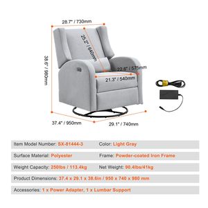 Poltrona Reclinabile Girevole con Porta USB, Capacità 250 Libbre, Meccanismo Elettronico e Manuale, in Poliestere, Modello Surf - Product Image 6