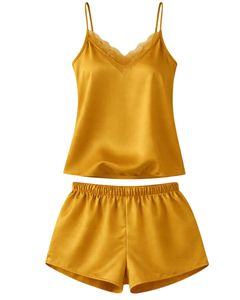 Mustard Satin Camisole Shorts Set Women Sleepwear <b>Lace</b> Trim Spaghetti Strap Soft Breathable Summer Nightwear Pajama Set Lounge - Product Image 1