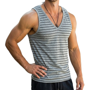 OEM Custom Men's Striped Sleeveless Muscle Shirts Plunging V-Neck Athletic Fitness Tank Top Wholesale Supply Tank Tops For Men - Product Image 1