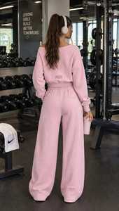 Conjunto Deportivo de 2 Piezas para Mujer, Estampado Rosa, Top Corto de Cuello Alto y Manga Larga, Pantalones Deportivos de Pierna Ancha con Cintura Elástica y Cierre - Product Image 2