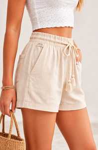 ONETEN APPARELS <b>Women</b> Winter 3 Piece <b>Shorts</b> Set <b>White</b> Hooded Anti-Wrinkle Casual Sportswear Crop Top Beige Tassel Drawstring - Product Image 2
