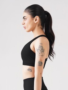 Athletic Non-Padded High Support Reversible Sports Bra Mesh Beaded Printed Solid <b>Design</b> Front Black for Yoga - Product Image 2