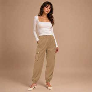 Pantalon large marron pour femme, taille haute, coupe ample, longueur intégrale, couleur unie, style minimaliste, fermeture boutonnée, tissu en laine, idéal pour l'automne - Product Image 6
