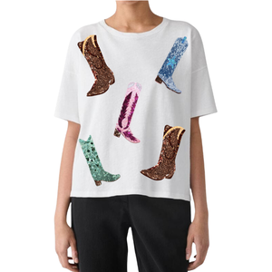Nouveau T-shirt décontracté d'été pour femme, col rond, 100 % coton, brodé de sequins, respirant, idéal pour les événements de Rodeo/Derby - T-shirts pour femmes - Product Image 1