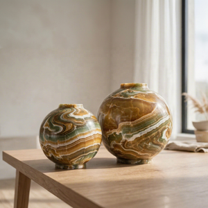 Ensemble de vases en onyx sculpté Feng Shui écologiques faits à la main, deux vases ronds à bourgeons verts - Product Image 4