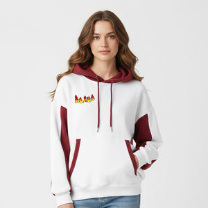 Sweat-shirt à capuche blanc pour femme avec logo personnalisé, couleur bordeaux contrastée, manches longues, en coton tricoté, vêtement décontracté pour l'automne - Product Image 1