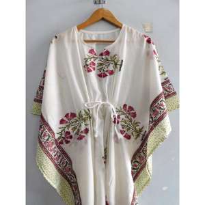 Túnica Kaftán de Algodón Hecha a Mano con Estampado de Bloques, Estilo Boho, para Playa, Manga Murciélago, Cuello en V, Corte Regular, para Vacaciones de Verano - Product Image 4