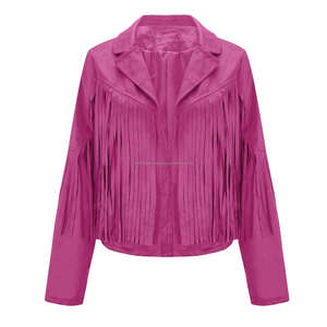 Hot Pink Vintage Suede Leather Fringe Tassel Crop Chaquetas de mujer Boho Western Cowboy Style Manga larga Transpirable Otoño Solapa - Product Image 4