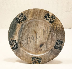 Round Decorative Charger <b>Plate</b> with Border Engraved Leaf Pattern and <b>Black</b> Finish Table Base <b>Plate</b> for Dining Setup Use - Product Image 2