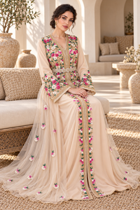 Caftán Marroquí Color Beige Champán con Superposición de Tul Transparente y Cinturón de Terciopelo Color Ciruela, Transpirable y Elegante para Fiestas - Product Image 6
