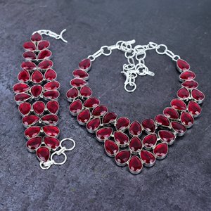 Adorable Mozambique <b>Garnet</b> Gemstone Necklace <b>Bracelet</b> Set Pear Shape Overlay Faceted Bezel Set Romantic Silver Plated Handmade - Product Image 1