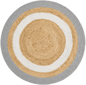 Tapis rond en jute gris et blanc fait main, tressé, style farmhouse bohème, en fibres naturelles, pour salon - Product Image 2