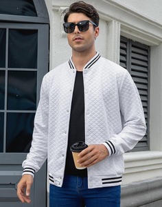 <b>Men's</b> <b>White</b> Quilted Varsity <b>Jacket</b> Solid Color Button Closure Turn-down Collar Casual Style Autumn Wear Regular Fit - Product Image 2