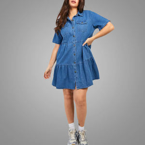 Plus Size Bodycon Natural Waist Eco-Friendly 220g Solid Knee-Length Denim Cotton Short Sleeve Casual <b>Button</b> Front Dresses - Product Image 1