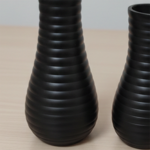 Set Of Two Matte Black Flower <b>Vase</b> Featuring A <b>Ribbed</b> Horizontal Band Design & Slender Neck For Stylish Modern Home Decoration - Product Image 5