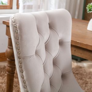 Ensemble de 2 chaises de salle à manger modernes rembourrées en velours, pieds en bois massif avec garniture cloutée, beige - Product Image 4