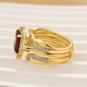 925 <b>Sterling</b> <b>Silver</b> Vintage Emerald Cut Moissanite Halo Red Green Wedding <b>Ring</b> <b>Set</b> 4 Prong Setting Yellow Gold Plated for - Product Image 5