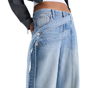 Womens <b>Light</b> Blue Denim Breathable 100% Cotton Wide Leg Relaxed Fit Asymmetric Wrap Waist Detail Casual Fashion Street Style - Product Image 3