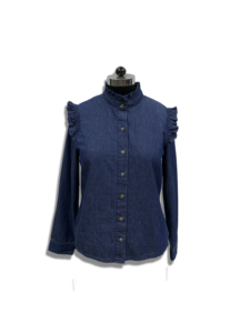 Chemise en jean pour femme à manches longues et volants, couleur unie, style décontracté, collection automne - Product Image 1